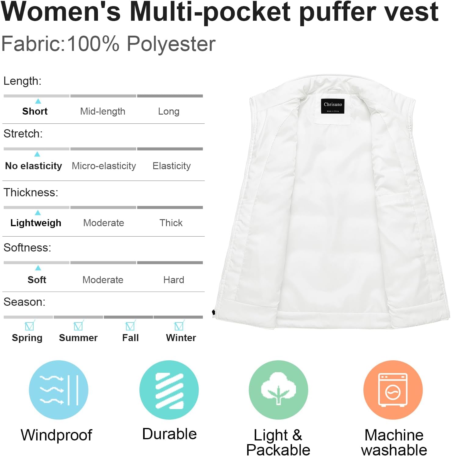 Chrisuno Men's Puffer Vest Casual Stand Collar Quilted Waistcoat Outdoor Padded Ski Vest - Image 3