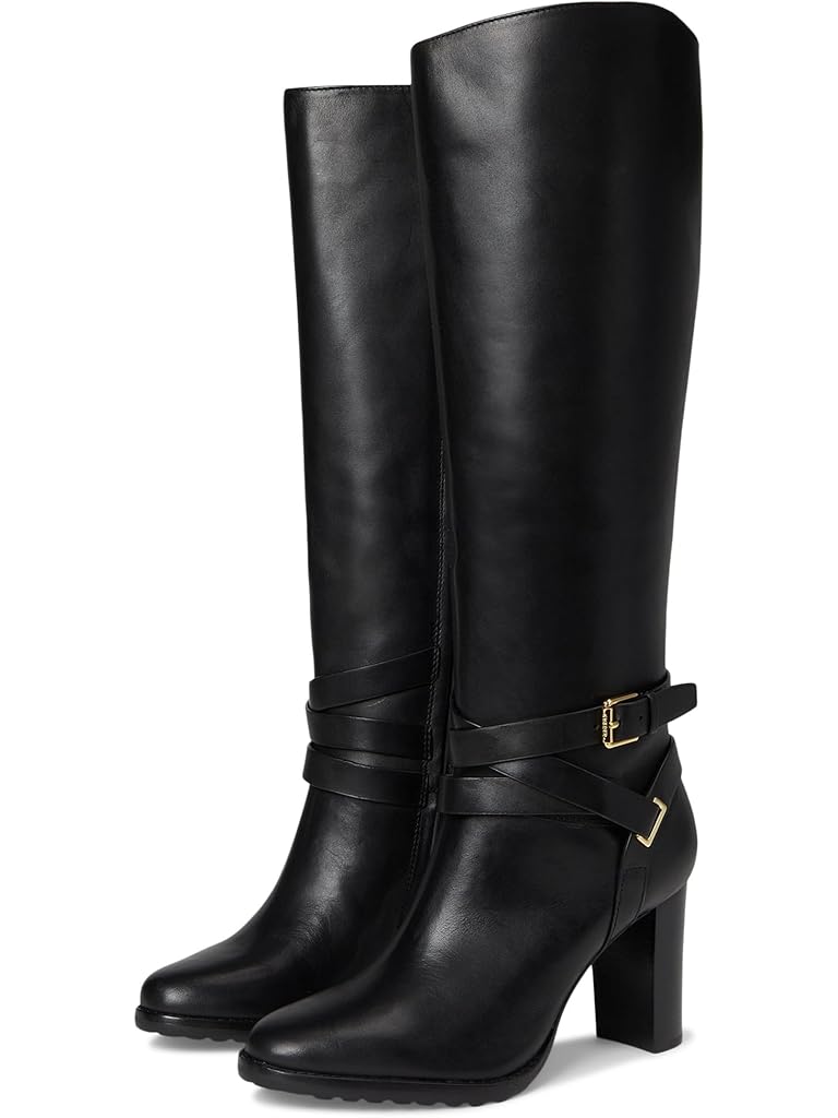 Black Lauren Ralph Lauren Collins Burnished Leather Tall Boots Heel