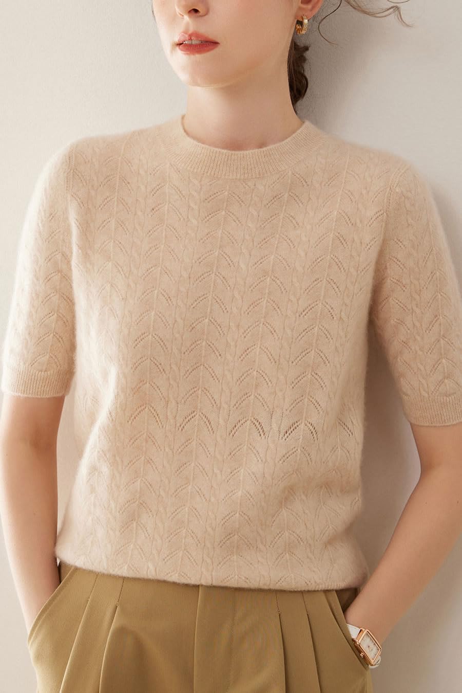 E-girl Maglione da donna 95% cashmere, girocollo, a maniche corte, in lana di cashmere, con crepe, rilassato, SH505