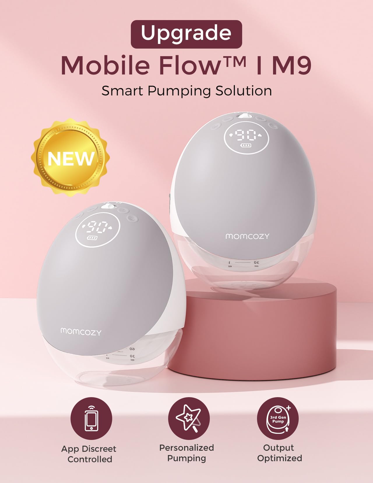 Momcozy Tire Lait Electrique Main Libre Nomade, Mobile Flow | M9 Amélioré, Contrôle par Application avec Modes Personnalisés et 15 Niveaux, Double Scellé 24mm (2, Gris)