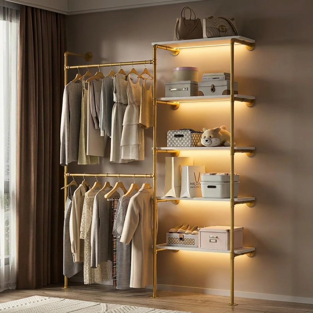 Photo 1 of DABILONGC Industrial Pipe Clothing Rack with LED Lights & Shelves, Gold