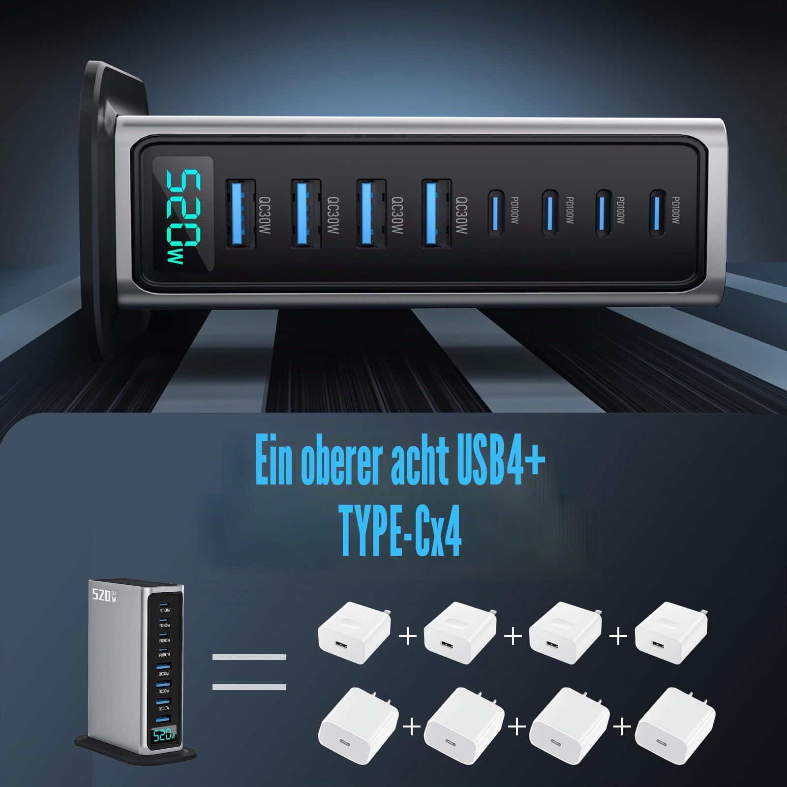 USB Schnellladegerät, 520W USB C Ladegerät Mehrfach mit Digitalanzeige, 8 Port USB Charging Station mit GAN III und PD 3.0, Schnellladestation mit 4USB C & 4USB A für Telefon, Tablets, Laptop