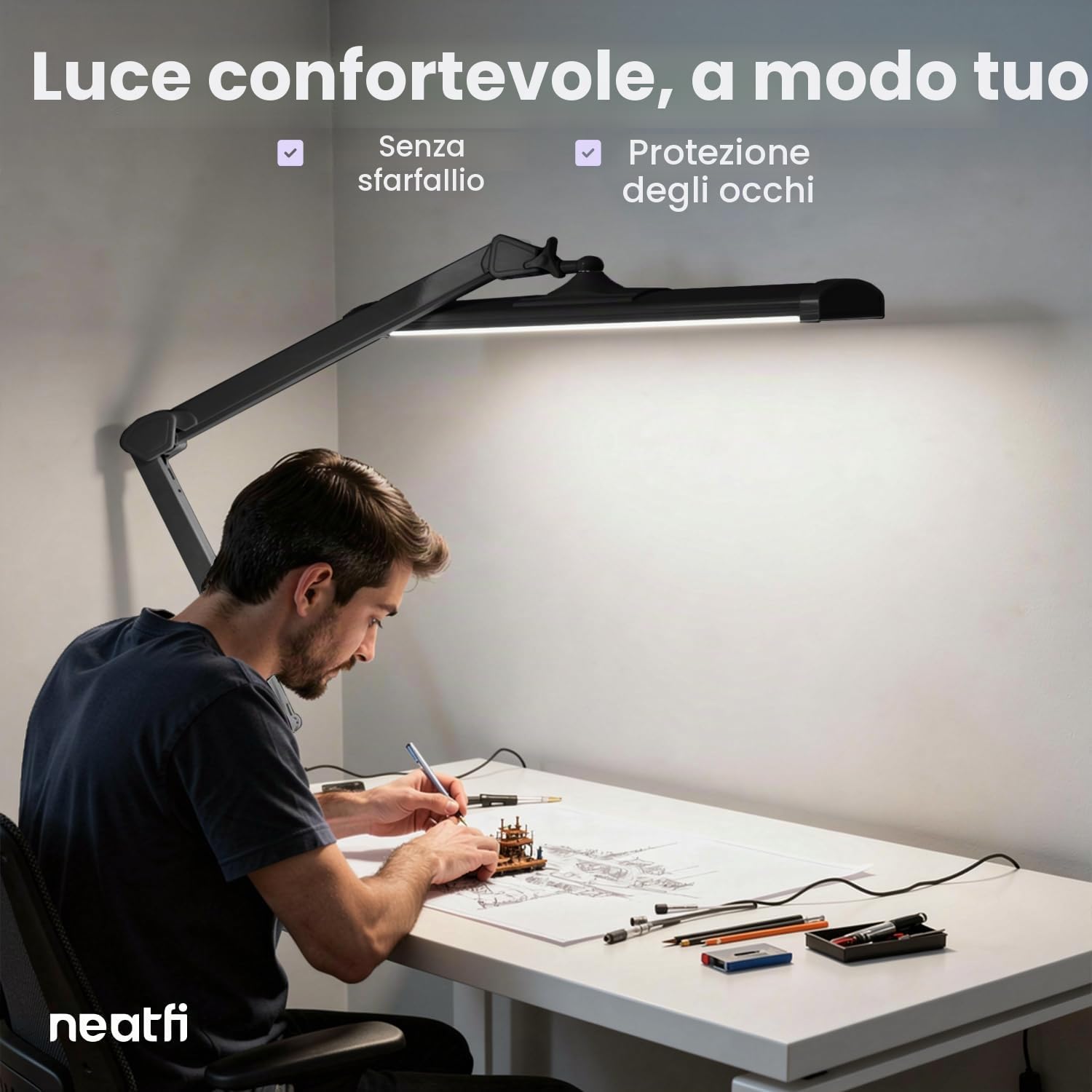Neatfi Lampada da Scrivania LED da 3.500 Lumen – 45W Dimmerabile | 3 Modalità di Luce | 540 LED SMD | Controllo Touch | Paralume in Metallo Largo 66cm | Artigianato e Ufficio (Nero, CCT con morsetto)