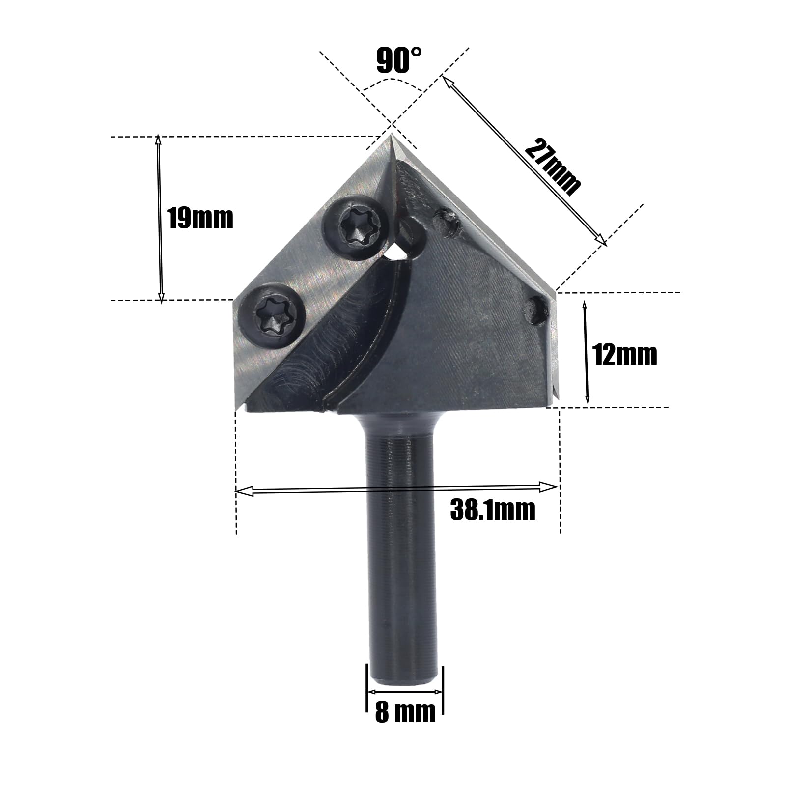 Fraise à rainurer en V à plaques réversibles, tige 8 mm, défonceuse V Groove avec 2 côtés interchangeables (HW), diamètre 38,1 mm, longueur utile 32 mm, angle 90°, Z2
