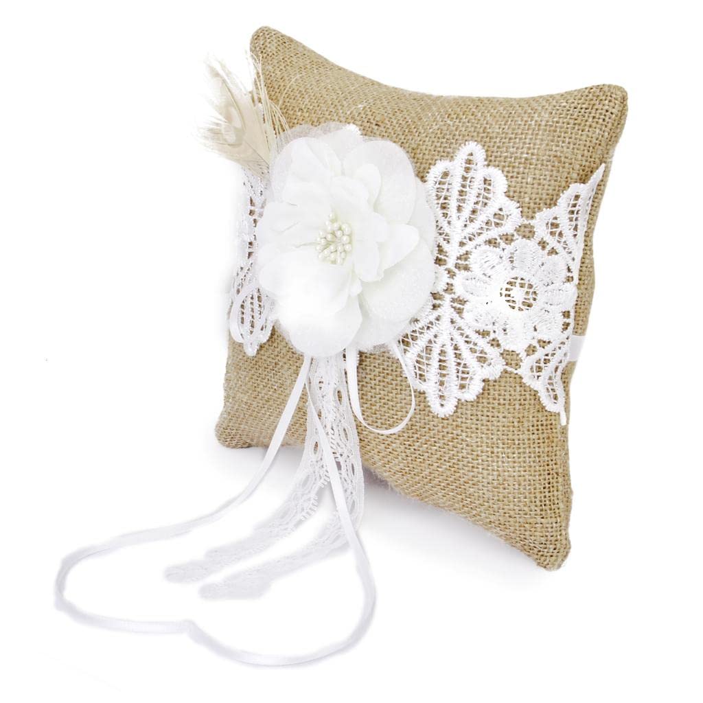10 Satz Vintage Sackleinen Pfau Feder Spitze Rustikal Hochzeit Ringkissen 20 cm