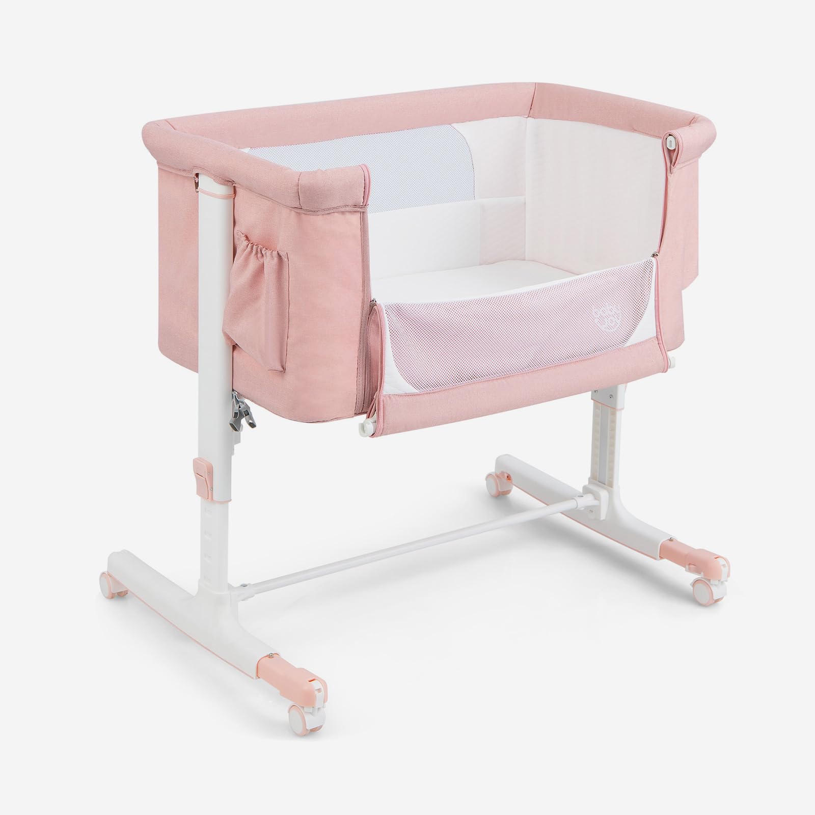 RELAX4LIFE 3 en 1 Cuna Colecho con 5 Alturas Ajustables, Ruedas Bloqueables, Colchón y Correa de Sujeción, Cuna Bebe con Bolsillo Portaobjetos y Bolsa de Transporte para Bebés 0-6 Meses (Rosa)
