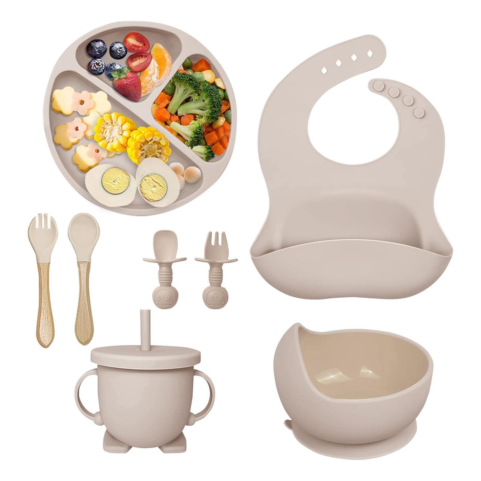 Silicone Baby Feeding Set,U-HOOME Baby Led Weaning Supplies Set with Suction Bowl Divided Plate, Toddler Self Feeding Dish Set with Spoons Forks Sippy Cup Adjustable Bib, Eating Utensils (Beige)