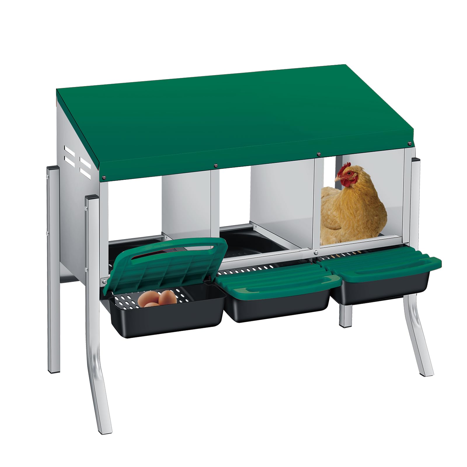 3 Hole Roll Away Chicken Nesting Box - Chickens Laying Box with Removable Tray, Easy Egg Collection & Cleaning, Metal Nesting Boxes for Backyard, Farm, Poultry Coop, with Bracket Legs