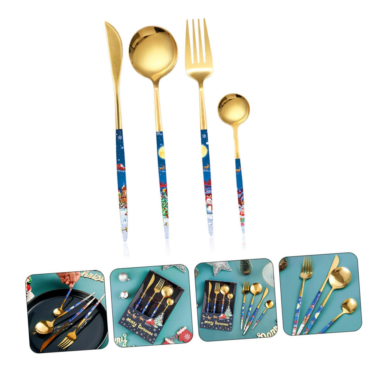 PRETYZOOM 4 Juegos Juego de Cubiertos de Navidad vajilla de Comida para Banquetes Cubiertos de Viaje Cubiertos navideños Tenedores cucharas vajilla de Navidad cuchillería