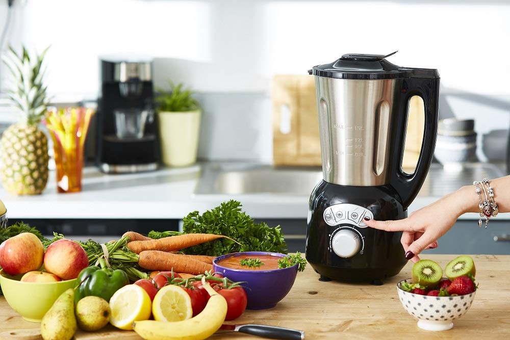 Senya Blender podgrzewany ze stali nierdzewnej Cook & Ice V3 Black, Zupa z aksamitną/mlinowaną zupą, gotowanie na parze, kruszone lody smoothie, 1,5 l, 1400 W, z silikonowym koszem na parze 2L