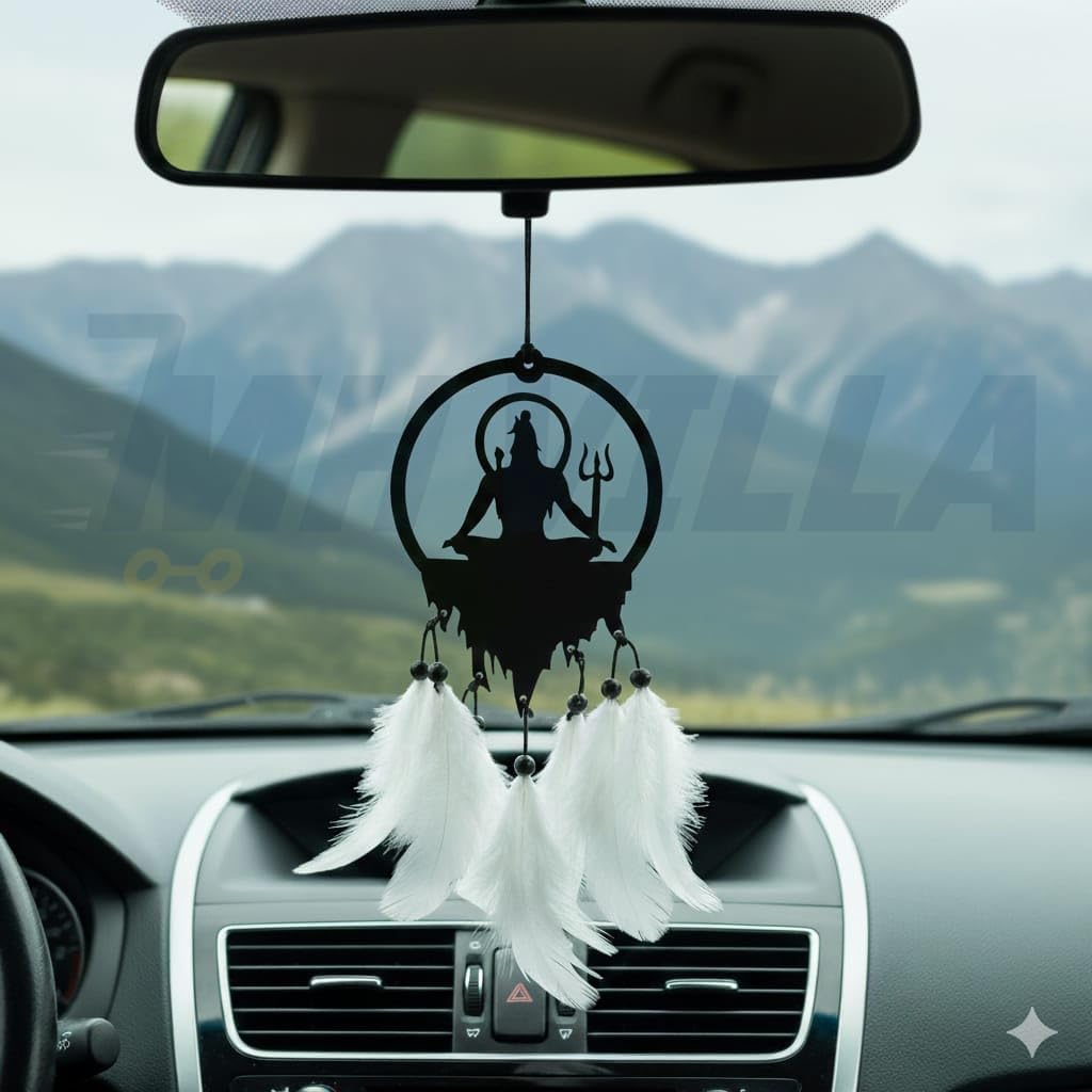 MH Villa Acrylic Car Hanging Accessories Interior - Elegant Dream Catcher for Car - Charm for Auto Decor - Stylish Handmade Ornament for Rear View Mirror Decoration - Round Shiva,Black & White