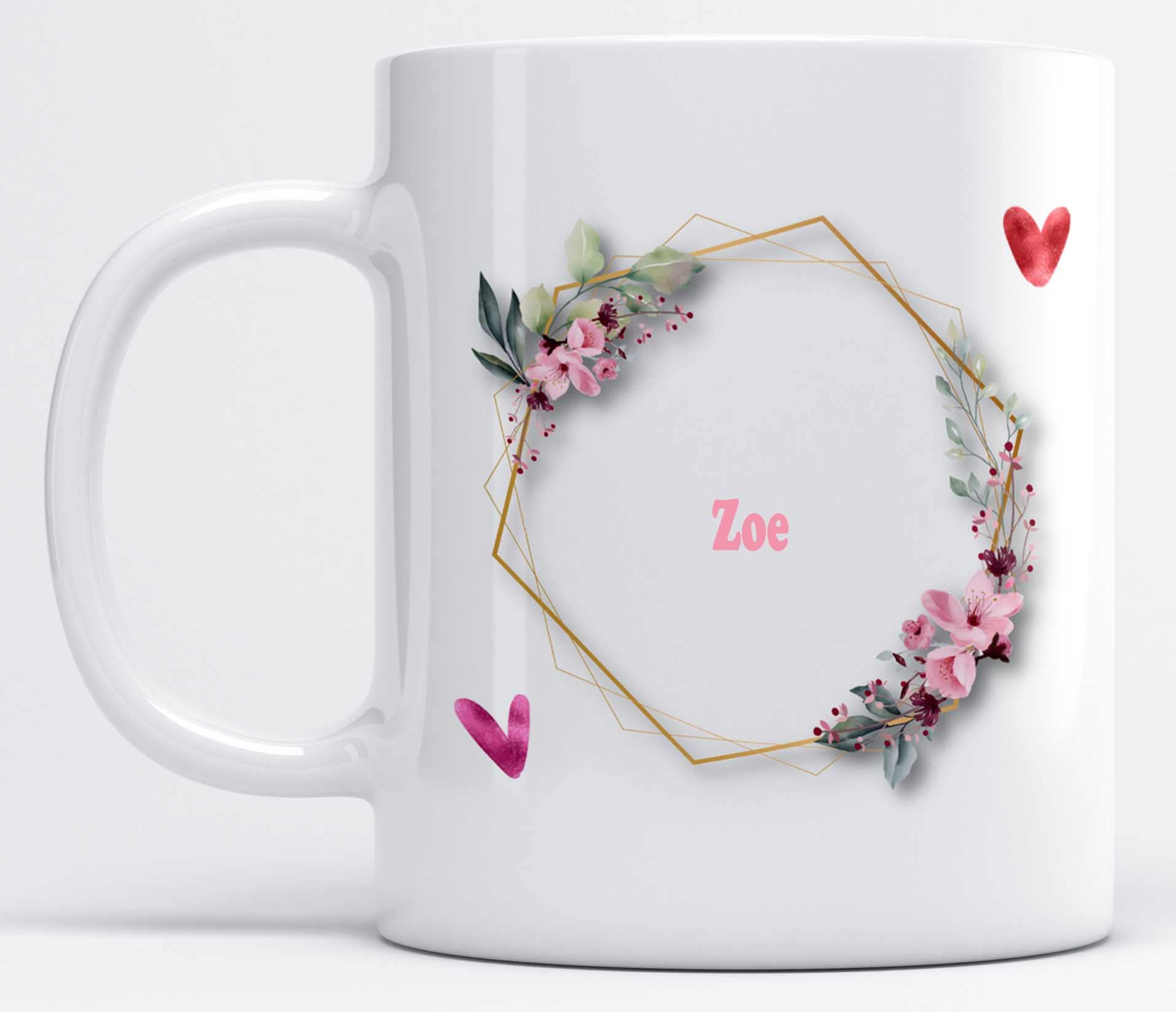 LOROFY Name Zoe Printed Floral and Hearts Design Ceramic Coffee Mug (325ML)