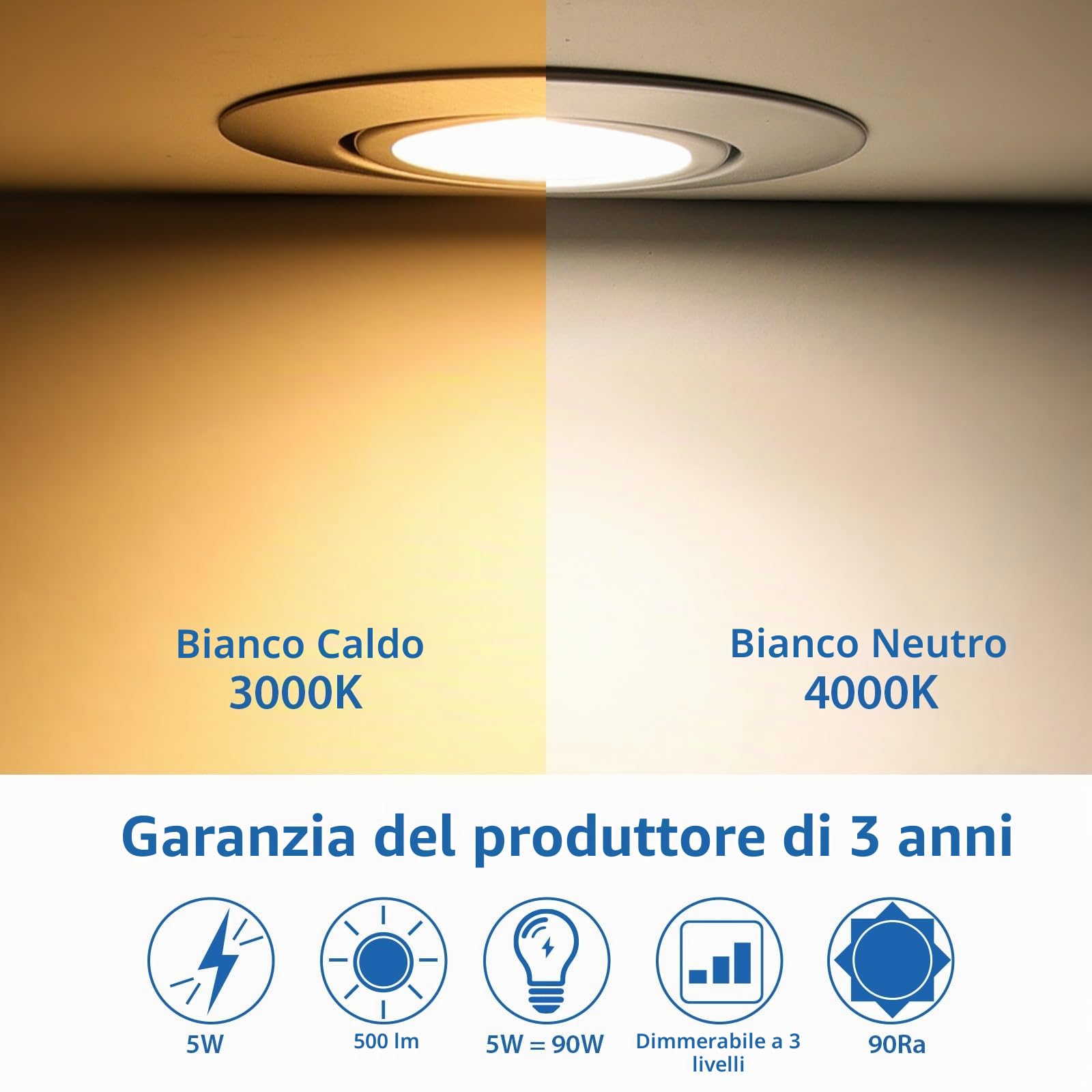 Faretti LED Incasso per cartongesso Dimmerabili 5W Nero Faretti LED Ultrasottili Faretti da Soffitto 45° Orientabili Bianco Caldo 3000K 500LM, Diametro Foro 68-75mm, IP44 Faretti da Incasso, Set di 6