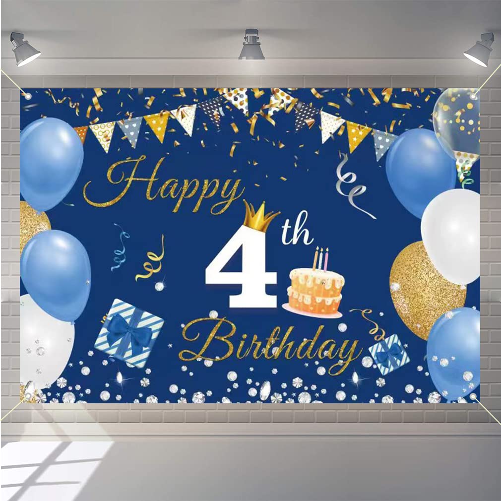 Happy 4th Birthday tło impreza dekoracja baner dla chłopca / dziewczynki szczęśliwy 4 lata stary tkanina znak plakat, niebieskie tło fotograficzne artykuły na czwarte urodziny, 150 cm x 90 cm