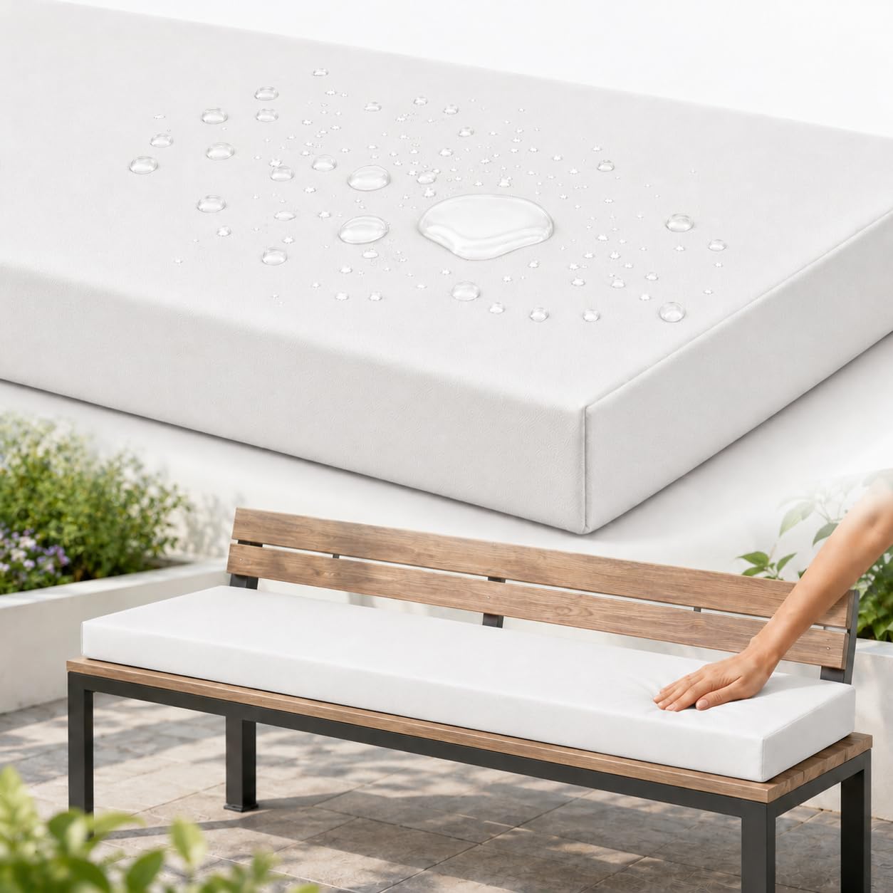 AZMAHT Bench Cushion Outdoor, Garden Bench Cushion with Waterproof Polyester Cover, 50D Foam, Non-Slip Base, 2 Ties, Removable Zip Cover for Patio, Bay Window, Garden Swing,White,140x50x5cm โ image 1