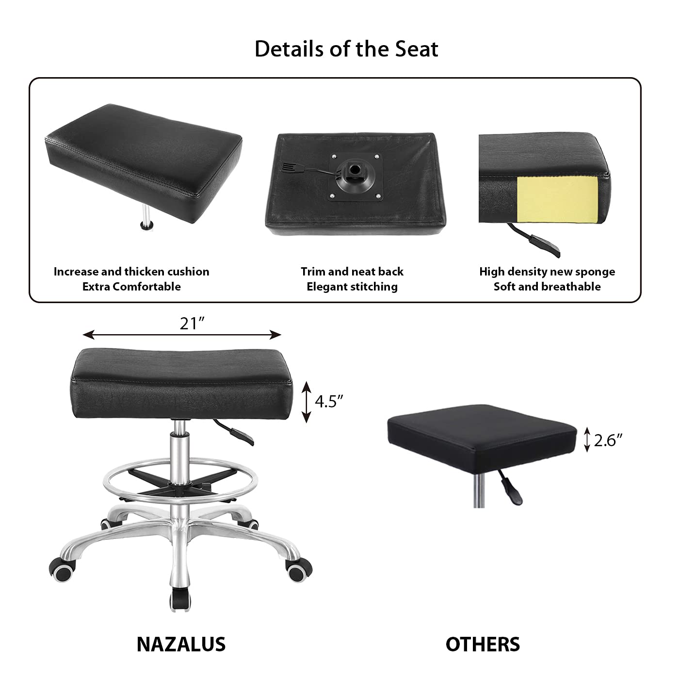 Nazalus Tabouret à roulettes réglable et robuste avec roulettes pour bureau, maison, chaise de bureau grande taille