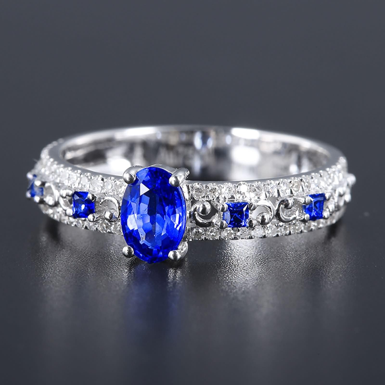 Damen Eheringe Ringe Weißgold 9 Karat / 14 Karat / 18 Karat, 4 Zinken Oval mit Erstellter Saphir 0,75 Karat und Moissanit, Blau Silber Verlobungsring Ehering Damen Ringe