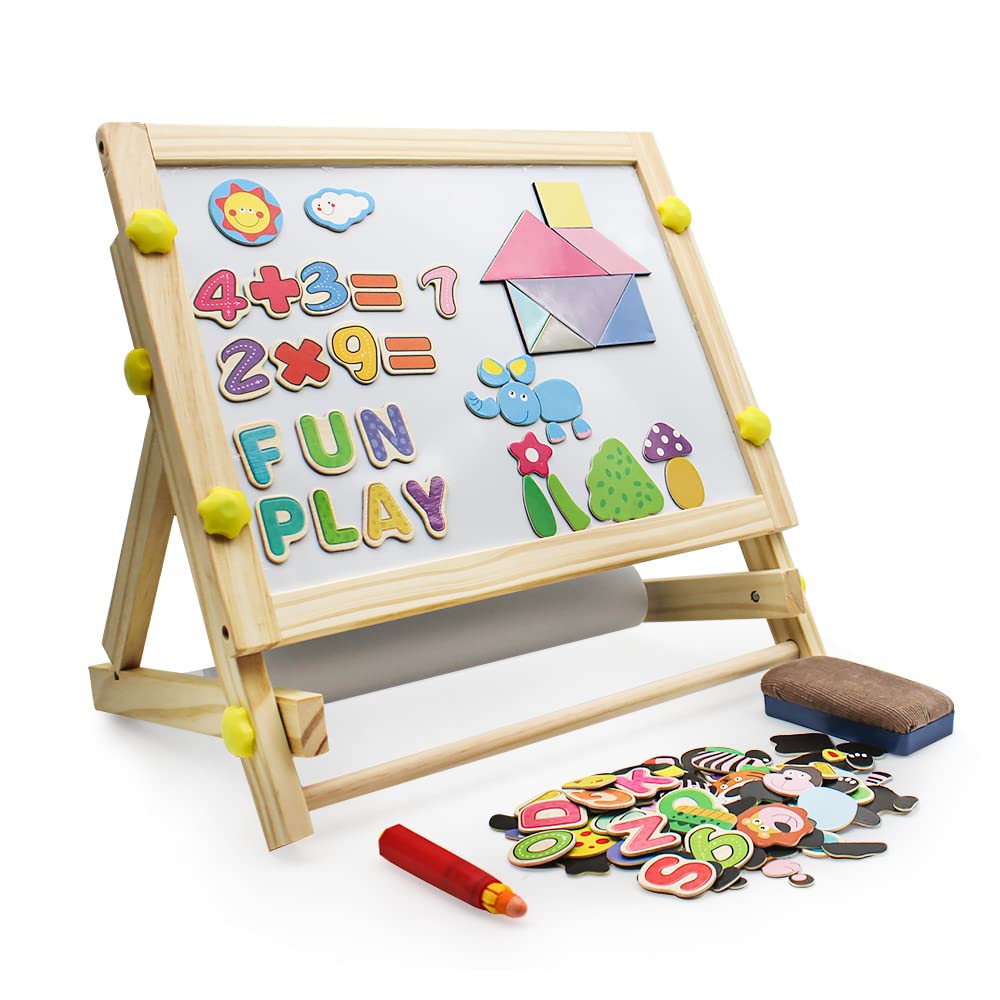 KIDS WONDER Doodle Board for Kids Tabletop Wooden Easel with Paper Roll Double-Sided Board Tabletop Easel with Magnetic Letters&Numbers&Other Magnetic Puzzle Accessories for Kids&Toddlers