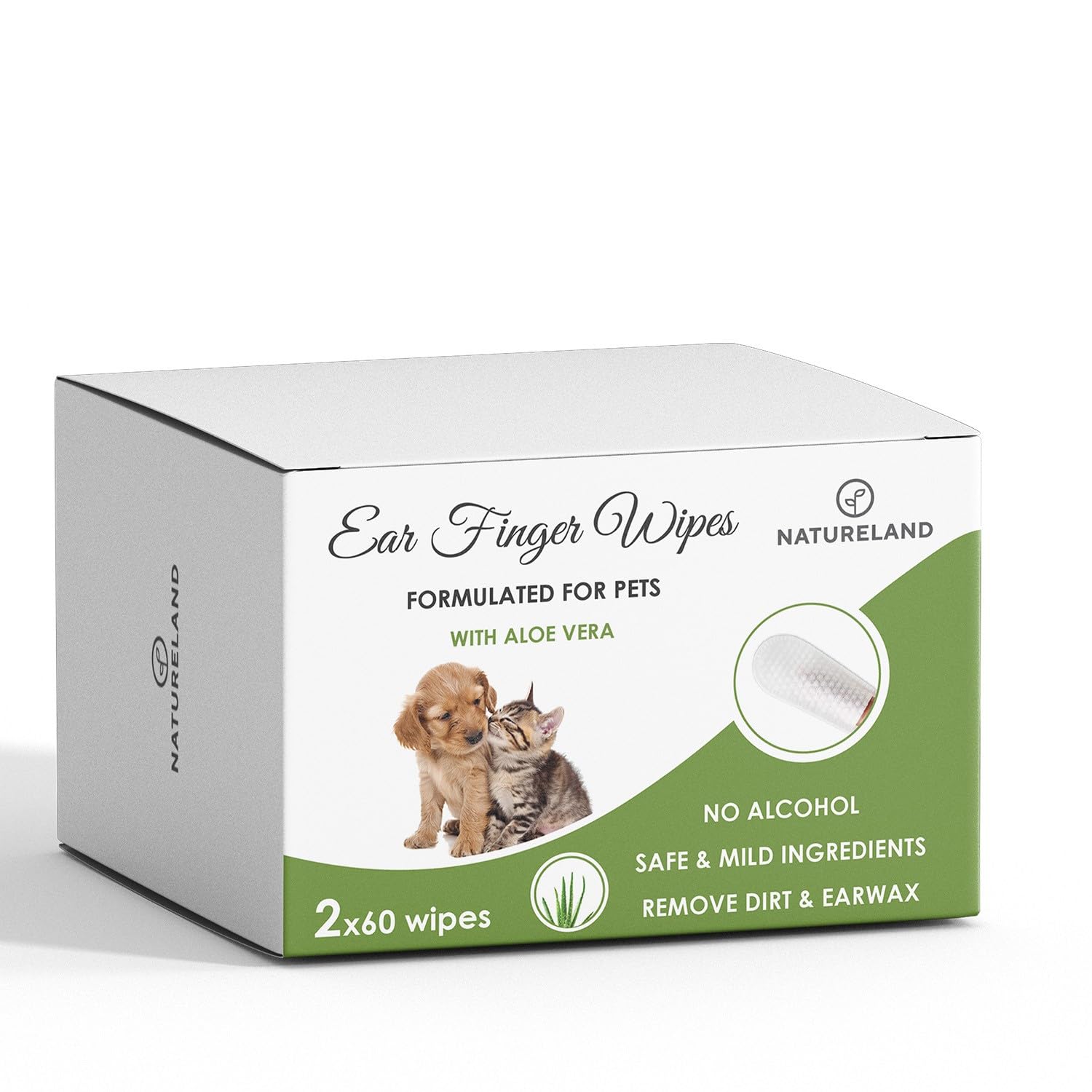 Natureland [60 pcs Finger Wipes] Dog & Cat Ear Finger Wipes - Otic Cleaning Wipes for Infections and Controlling Ear Infections and Ear Odor in Pets (120)