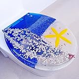 Ocean Series Art Slow Close Resin Toilet Seat with Cover, 3D Effects Heavy Duty Toilet Lid with Dolphin, Starfish, Real Seashells and Sands for U/V/O Type Toilet, 16.5Inches (White Blue)
