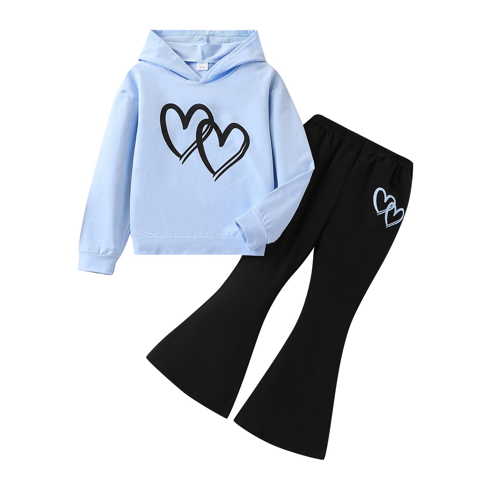 6-13 Years Girls Clothing Heart Print Hoodie Top + Heart Print Flare Leg Pants 2PC Clothing Set