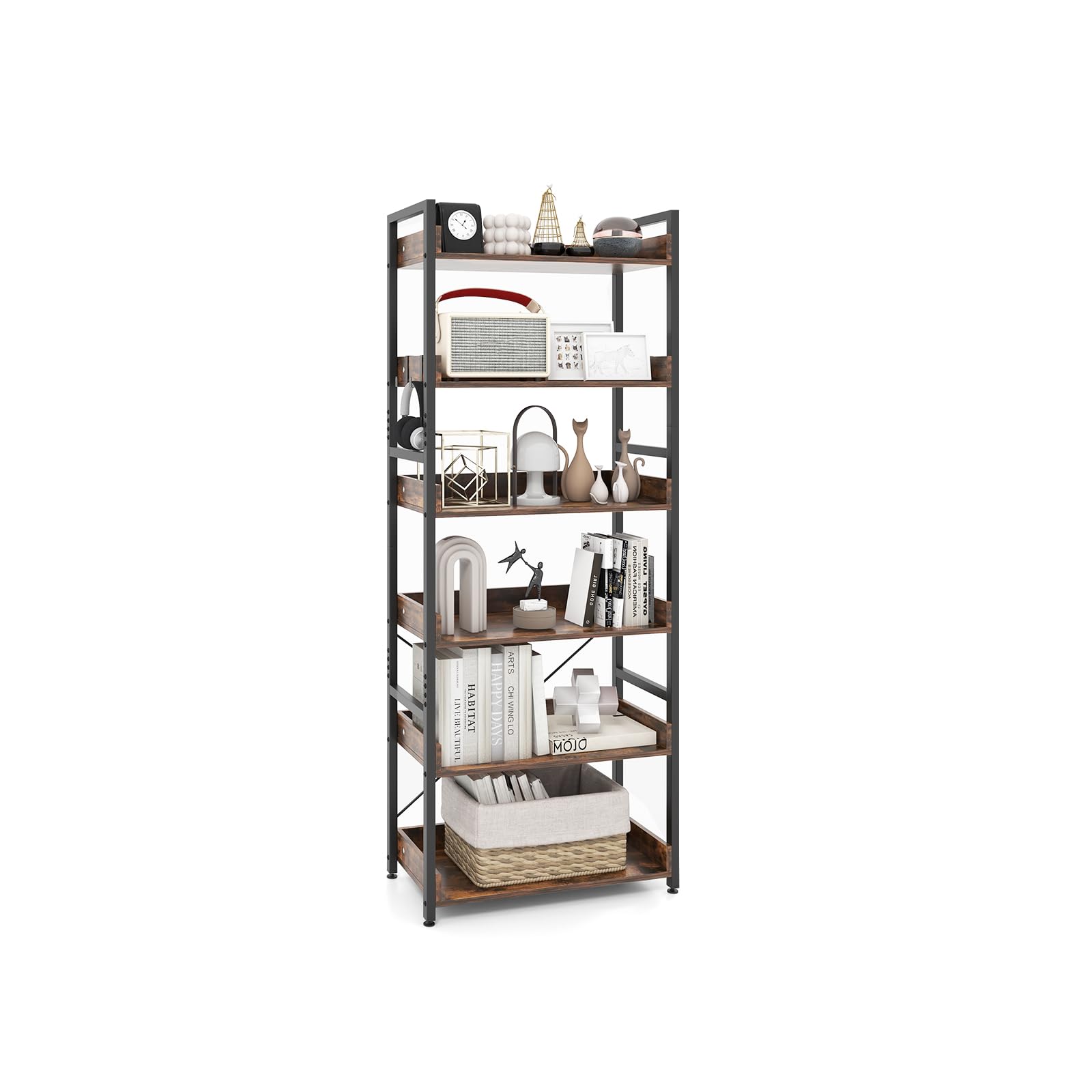 COSTWAY Scaffale a 6 Ripiani, Libreria Industriale Alta 177 cm con Ripiani Aperti e 4 Ganci, Scaffale Multifunzionale e Flessibile per Ufficio Soggiorno Camera da Letto e Cucina
