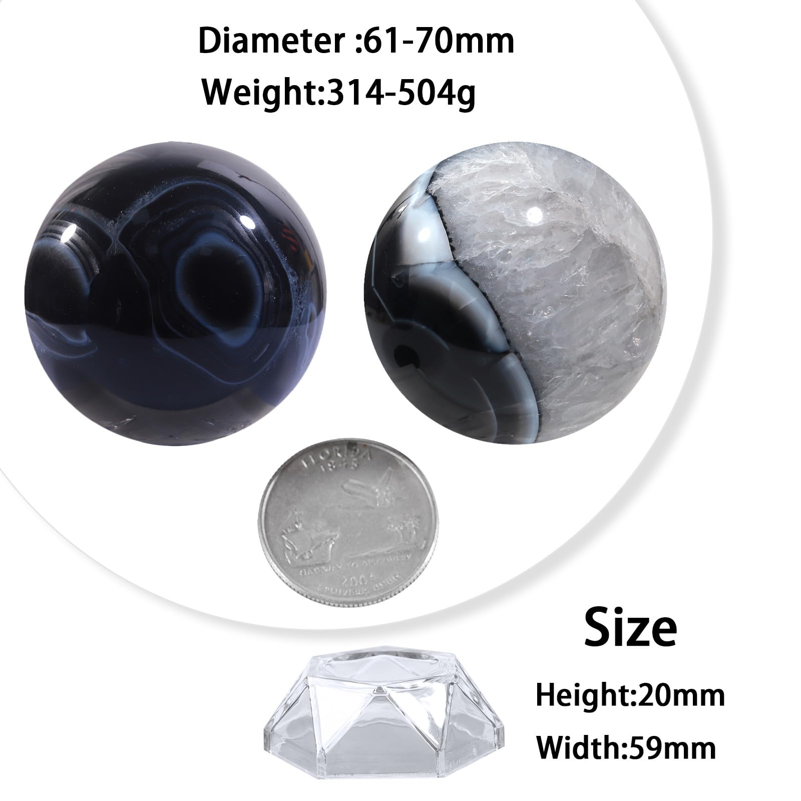 mookaitedecor 61-70mm Striped Black Agate Crystal Ball Sphere Ornament with Stand Rare Crystals and Gemstones for Collecting Black and White Healing Crystal Geode Ball Gift Rock and Mineral Decor - Image 2