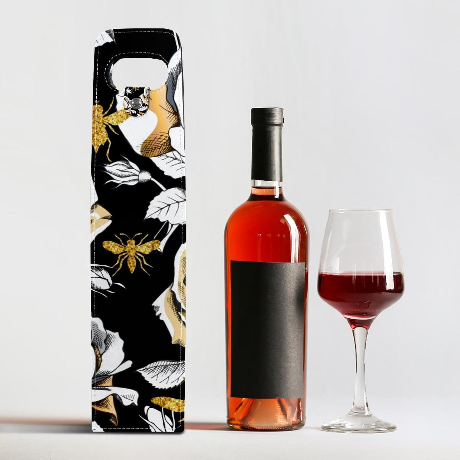Borsa per vino, 2 pezzi, riutilizzabile, in pelle, per bottiglia singola, champagne, birra, sacchetti regalo per compleanni, matrimoni, feste di picnic, Natale, motivo con api e rose dorate