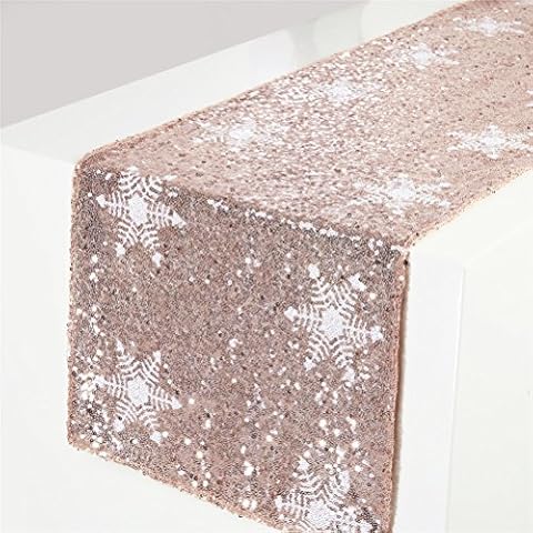 TRLYC Christmas New Product White Snowflake Pattern Rose Gold Sequin Table Runner-12"x108" Cover