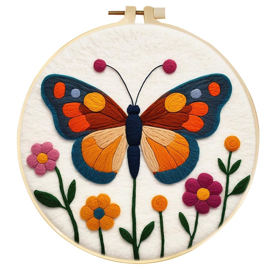 Image of Perycomly Butterfly Needle Felting Kit with Video Tutorial, Needle Felting Set with Needles, Foam Pad, Felt Cloth, Picture Frame, and Instructions