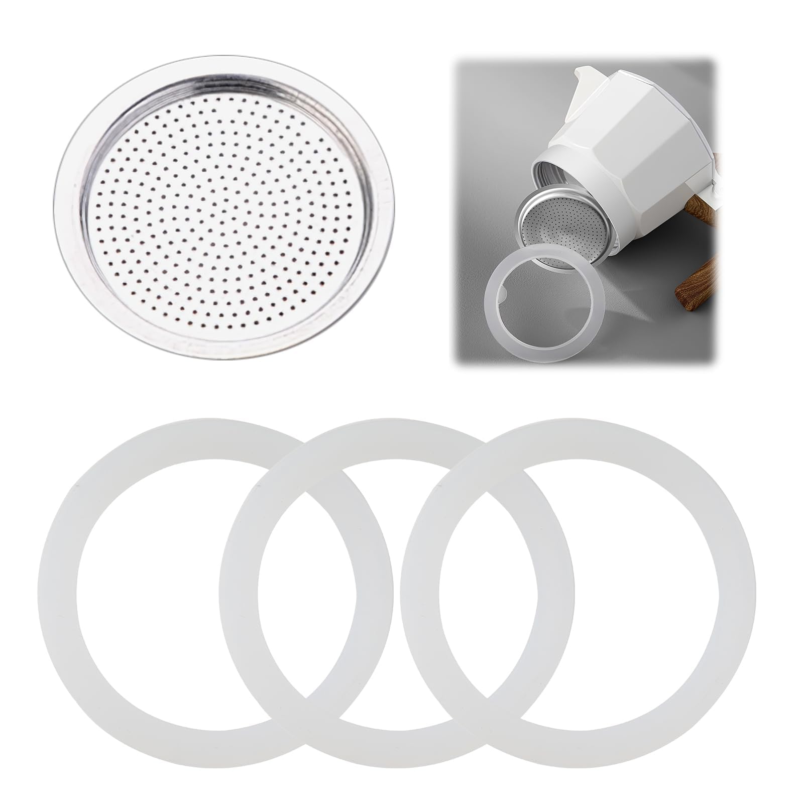 Gasket for 3 Cup Espresso Maker Includes 1 Filter and 3 Silicone Gasket Seals Parts Moka Pot Gasket Aluminium Coffee Pot Filter Replacement Spare Food Grade Silicone Ring for Stovetop Coffee Maker
