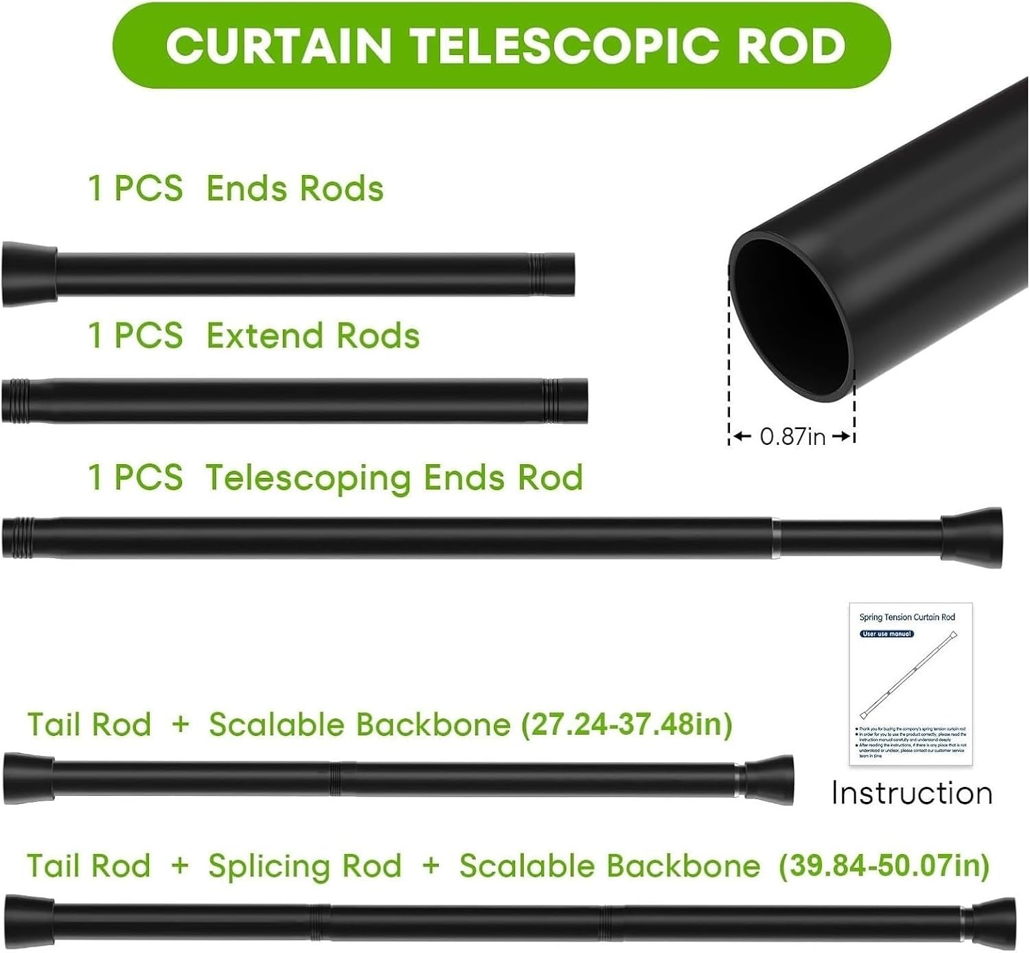 Heavy Duty Adjustable Curtain Rod Black Expandable Pressure Spring Adjustable Tension Rods 28-48Inch No Drilling Curtain
