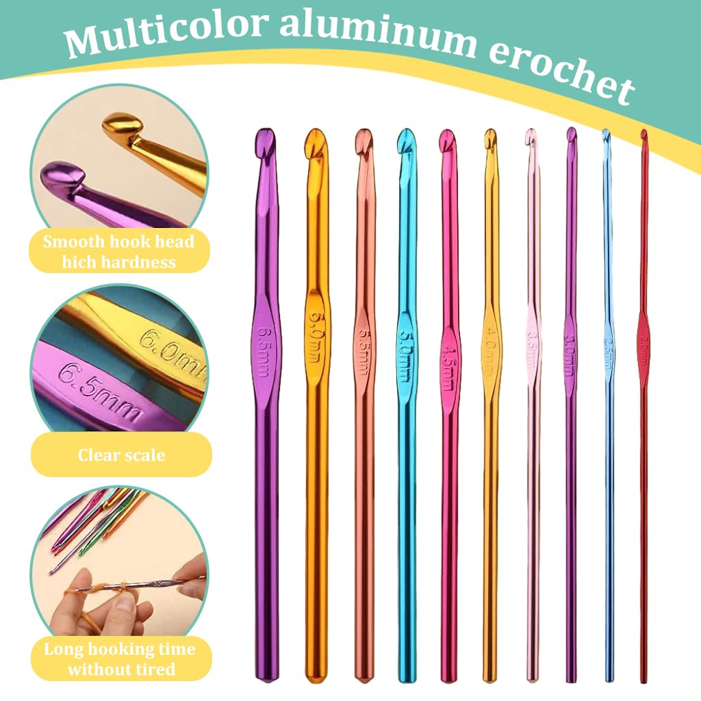 Juego de 54 agujas de ganchillo de aluminio, kit de ganchos de ganchillo ergonómicos con estuche de almacenamiento, juego de agujas de ganchillo, marcador de puntada, manualidades, herramientas de