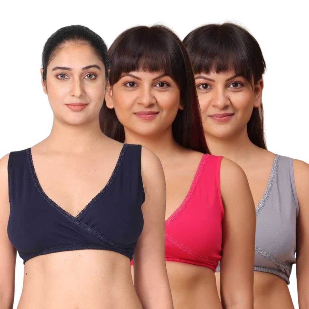 | Feeding Bras for Women Cotton | Bra for Mother | Baby Safe Bra with No Hooks Or Clips | Slip On Style Feeding Bra | Pull Over Cup | Pack of 3-image-8