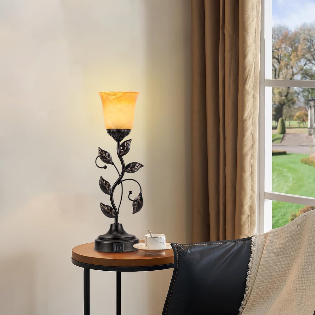 Vintage Bedside Touch Control Table Lamp 3 Way Dimmable, Amber Glass LED Reading Nightstand Light with 2 USB Charging Ports, Farmhouse Bronze Finish Leaf Desk Lamp for Living Room Bedroom