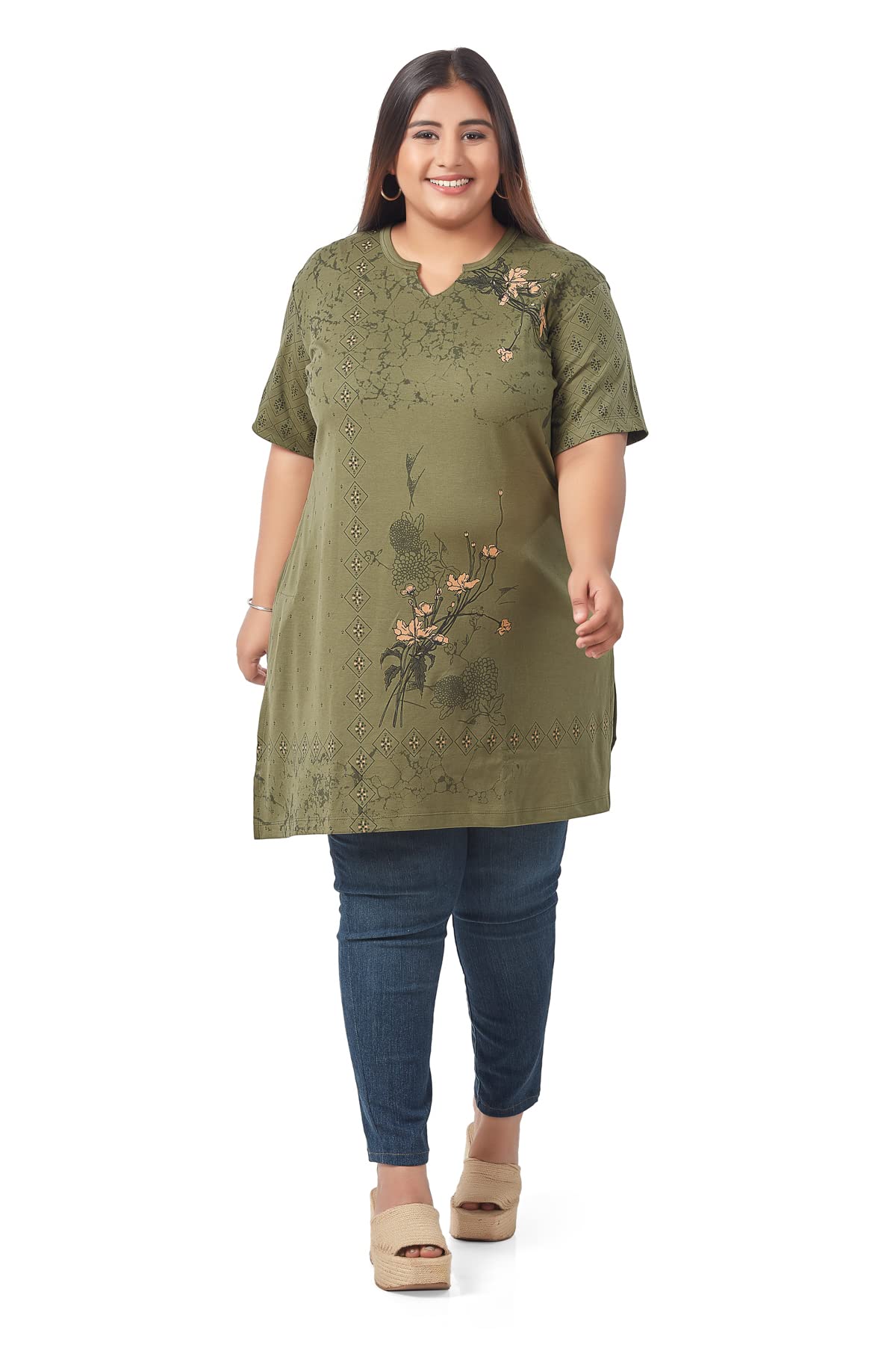 CUPIDWomen's Cotton Plus Size Half Sleeves Long Top for Semi Summers with One Side Pocket for Ladies Printed T Shirt_3XL to 7XL