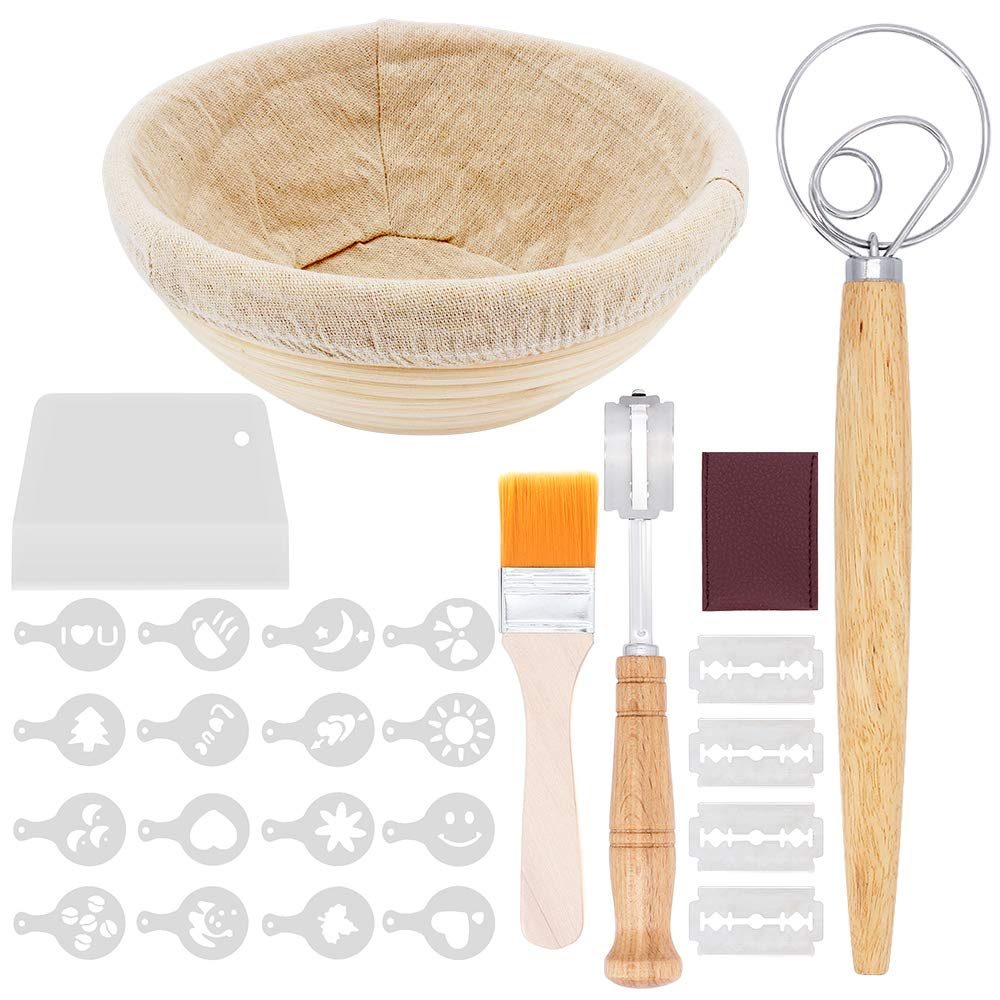 Cesta de prueba de masa madre redonda de ratán natural de 9 pulgadas con kit de horneado