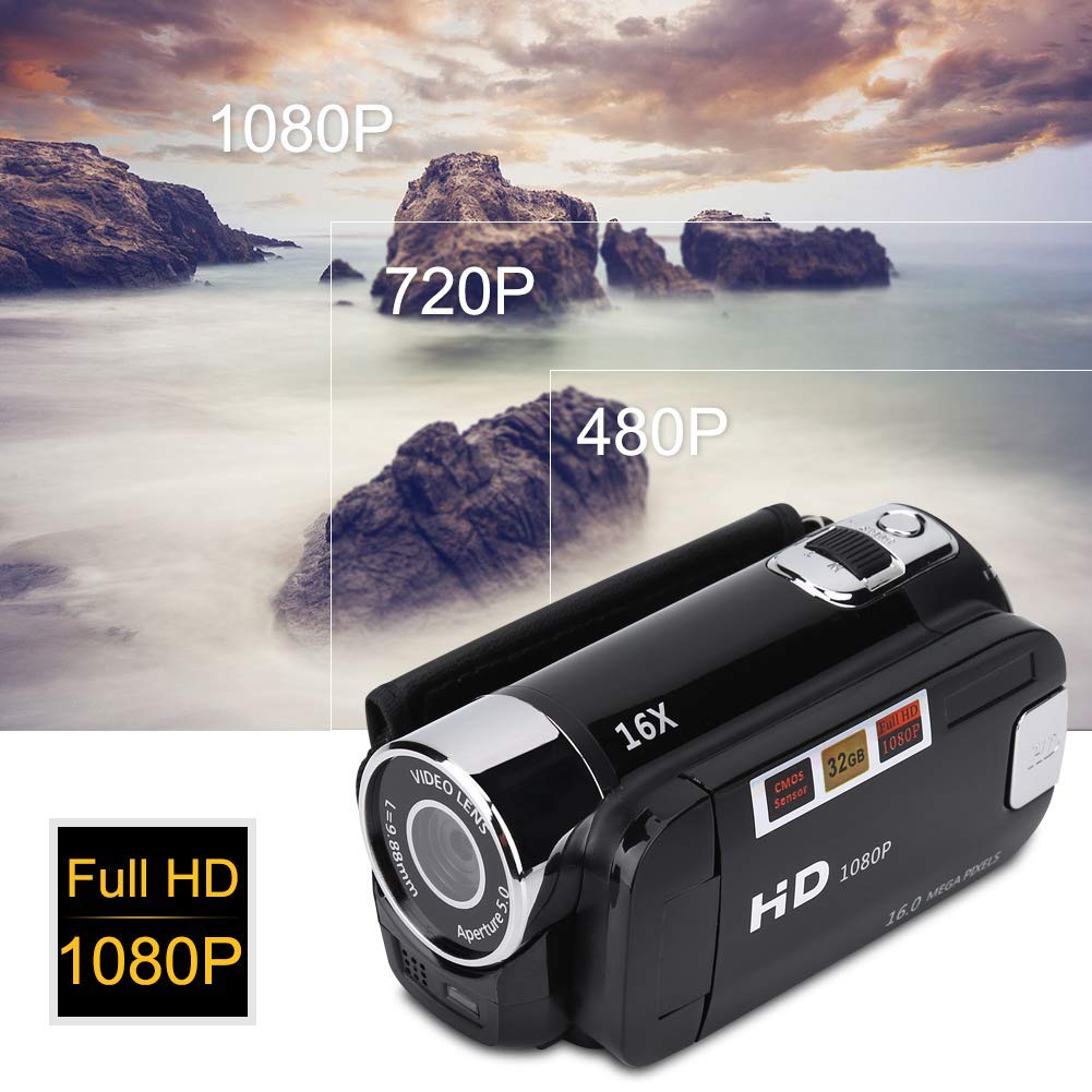 Ejoyous Videocamera Digitale, Videocamera Full HD 16X Videocamera Ad Alta Definizione con Schermo Rotante a 270 Gradi Supporta Fotografia e Video con Display da 2,7 Pollici per Campeggio (Nero)