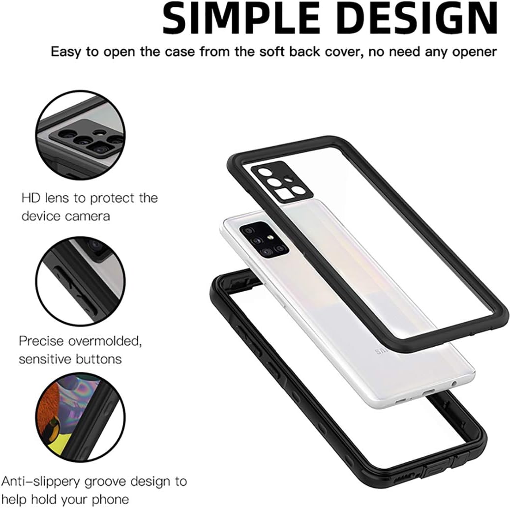 LANYOS Compatible Samsung Galaxy A51 4G Waterproof Case, Full Body with Built in Screen Protector IP68 Underwater Rugged Heavy Duty Clear Back Protective Cover with Buoyancy Rope (Black;A51 4G)