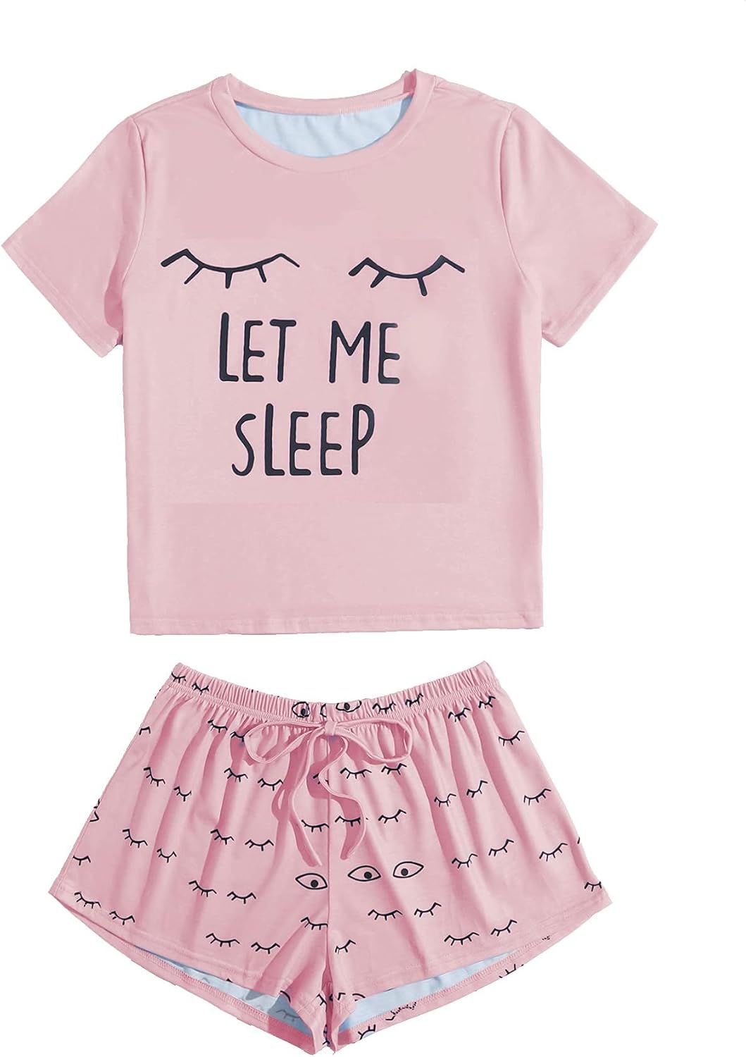 WDIRARA Women's Cute Cartoon Print Closed Eyes Print Tee and Shorts Pajama Set