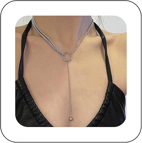 Andelaisi Collar bohemio con círculo en Y Lariat, collar largo de plata con dije de bola pequeña, collar de cadena cubana en capas vintage, joyería