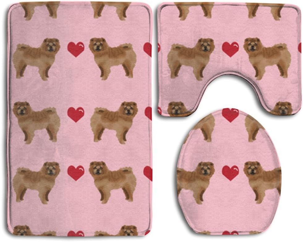 HOT Chow Love Hearts Dog 3-Piece Soft Flannel Non Slip Bath Rug Set - Rug, Contour Mat And Lid
