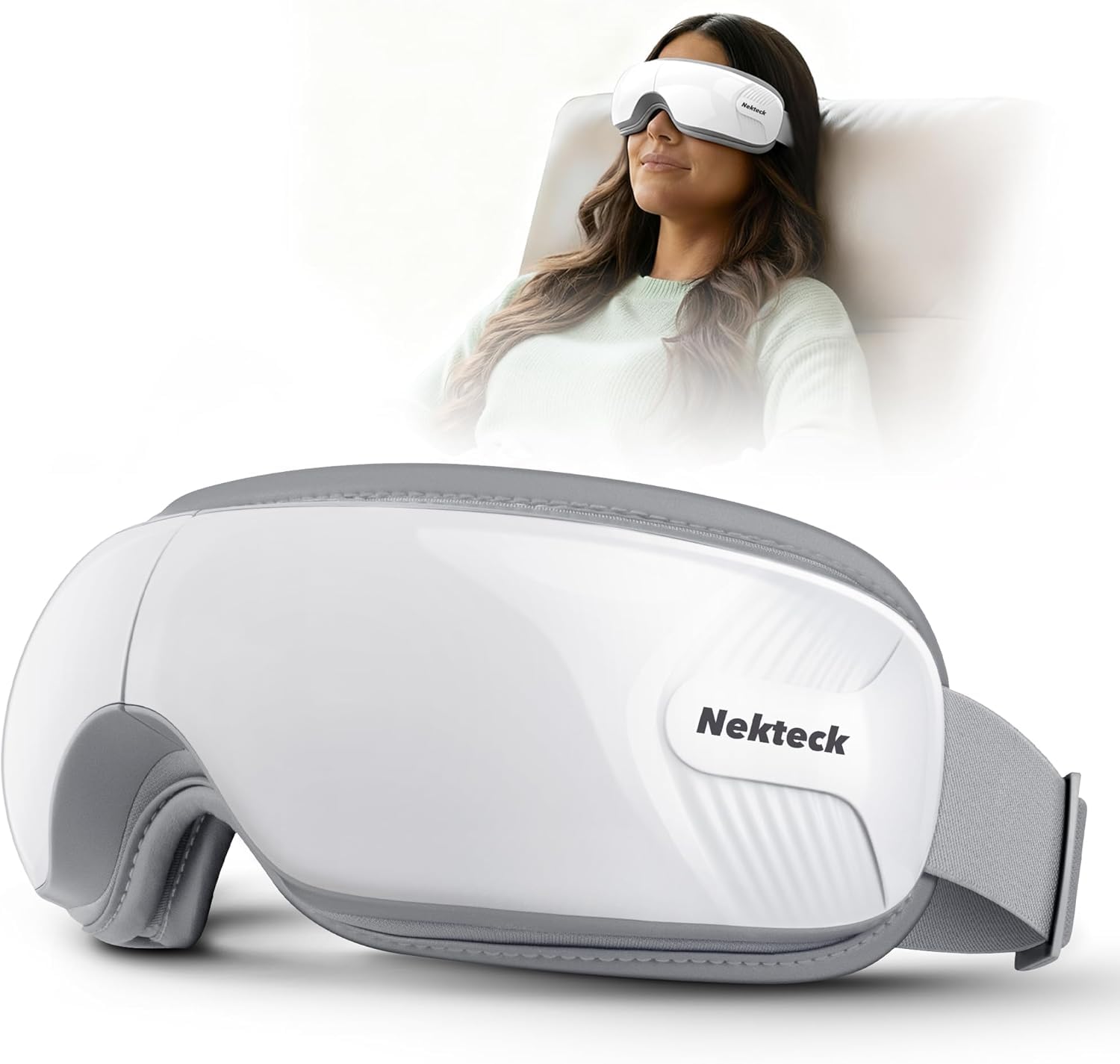 Nekteck Massaggiatore per occhi con calore, maschera per occhi per alleviare l'emicrania, massaggio occhi riscaldato per occhi secchi, relax del sonno, regalo di compleanno per donne e uomini (bianco)