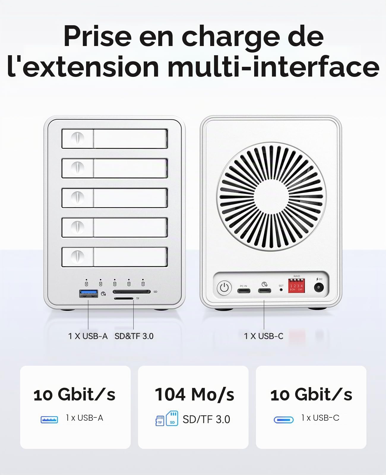 ORICO All-Flash Boîtier pour Disque Dur Raid 5 Baies Compatible 2.5 SATA HDD/SSD avec USB 3.2 Gen 2 10 Gbps, Extension Daisy Chain et 7 Modes Raid, Prise en Charge SATA SSD/HDD-2,5" 7 mm/9,5-8858RC3