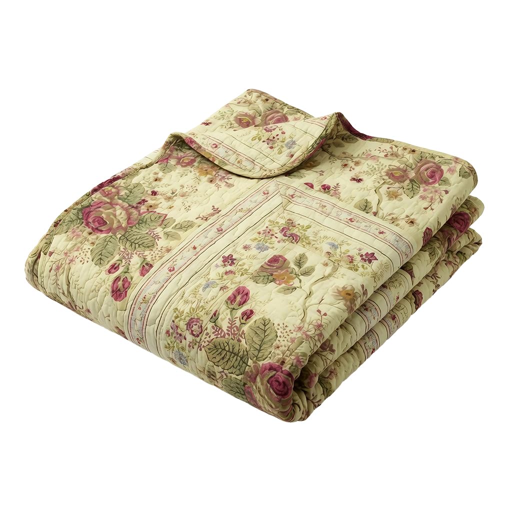 Greenland Home Antik Gül - Klasik Geleneksel Çiçek -%100 Pamuk Kapitone Örtü Battaniye, 127 x 152 cm, Ekru