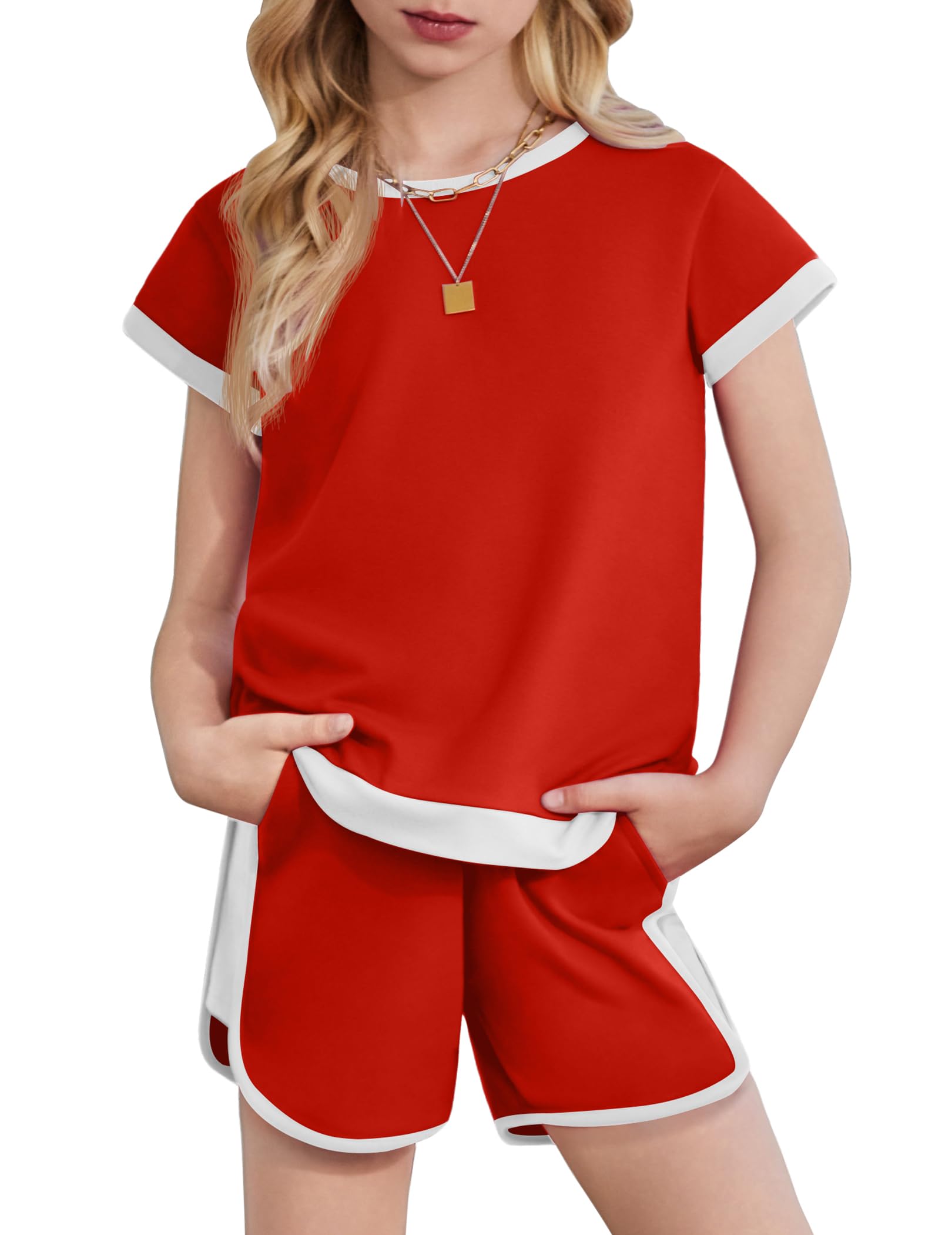 Arshiner Girls Summer Outfits 2 Piece Clothes Color Block Drop Shoulder Sleeve Top and Casual Short Sets Activewear