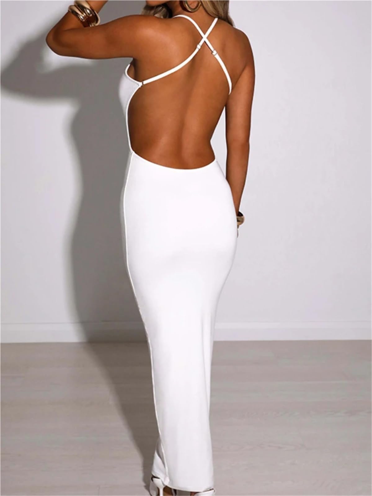 Vestito lungo sexy da donna con scollo a V profondo, fasciatura incrociata, senza maniche, schiena scoperta, aderente ed elegante club per Tutte Occasioni