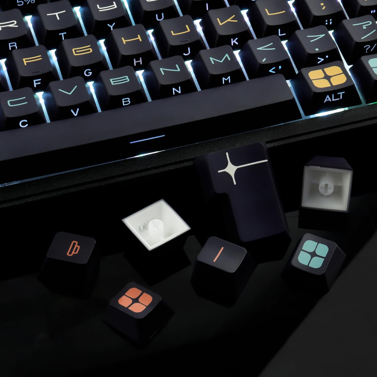 PBT Keycaps, 131 Keys Custom Black Shine Through Side Engraved Trasparente Keycaps Cherry Profile Dye Sublimation for Cherry MX Switch ANSI & ISO Layout Mechanical Keyboard