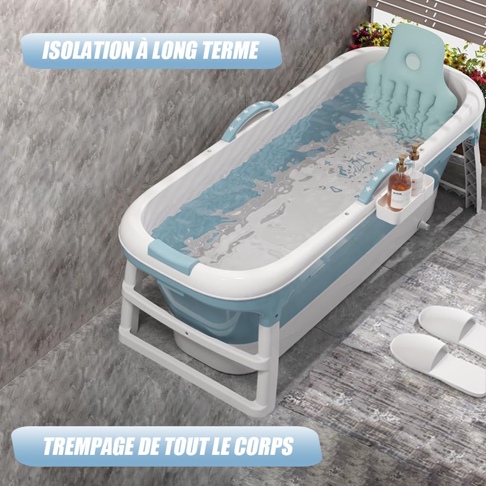 Baignoire pliable pour adultes, bain polaire en plein air, 118 * 60 * 53cm, portable, pliable, avec couvercle et rouleaux de massage, panier à savon, pour salle de bain et douche (Bleu)