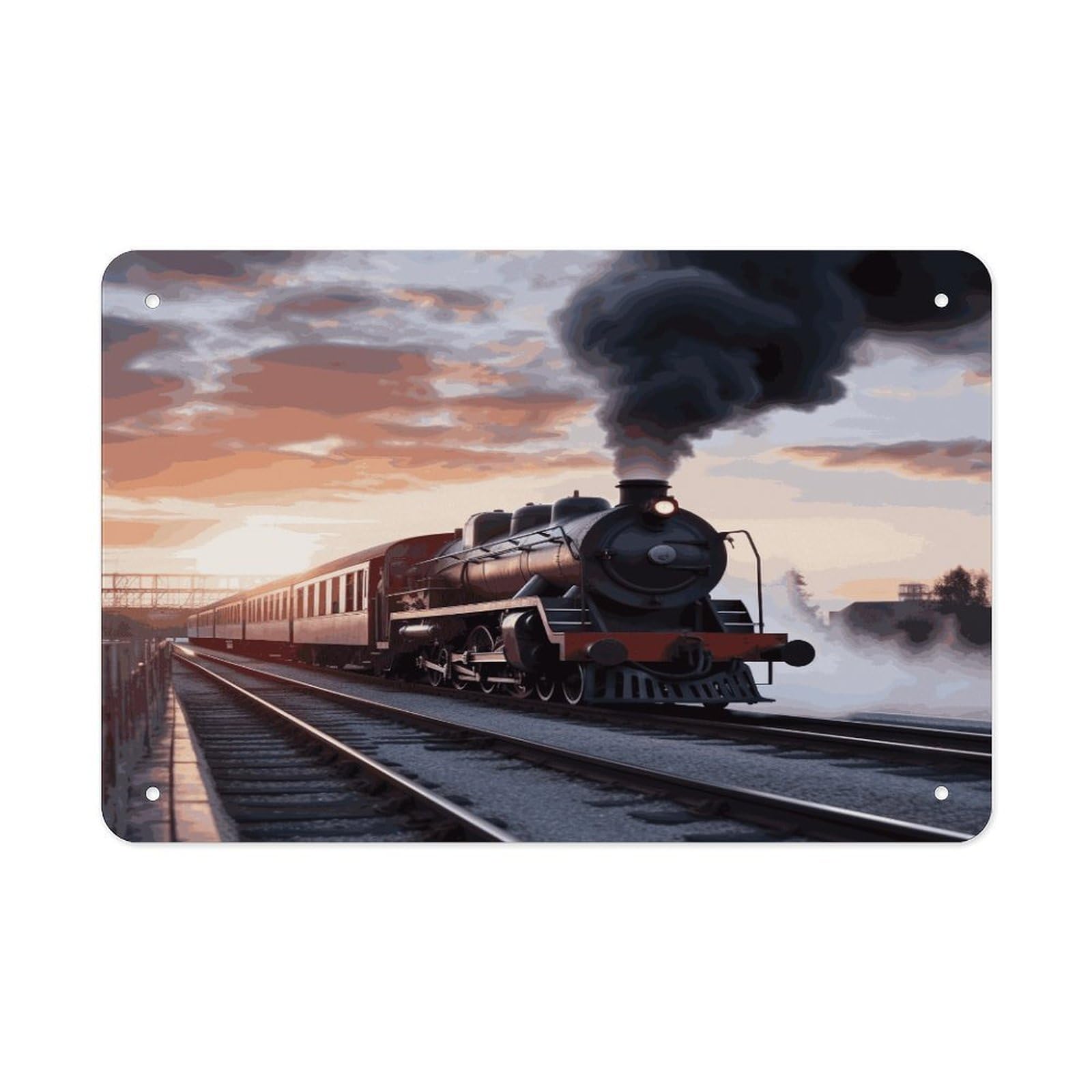LDGSUPH Steam Train Depart Sunset Metal Tin Sign Wall Art Prints Folded Edge Iron Sheet Painting with Holes for Wall Prints Decorative Picture Metal Signboard Decor Painting Wall Decor